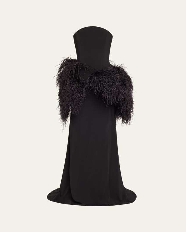Strapless Feather Peplum Cady Gown